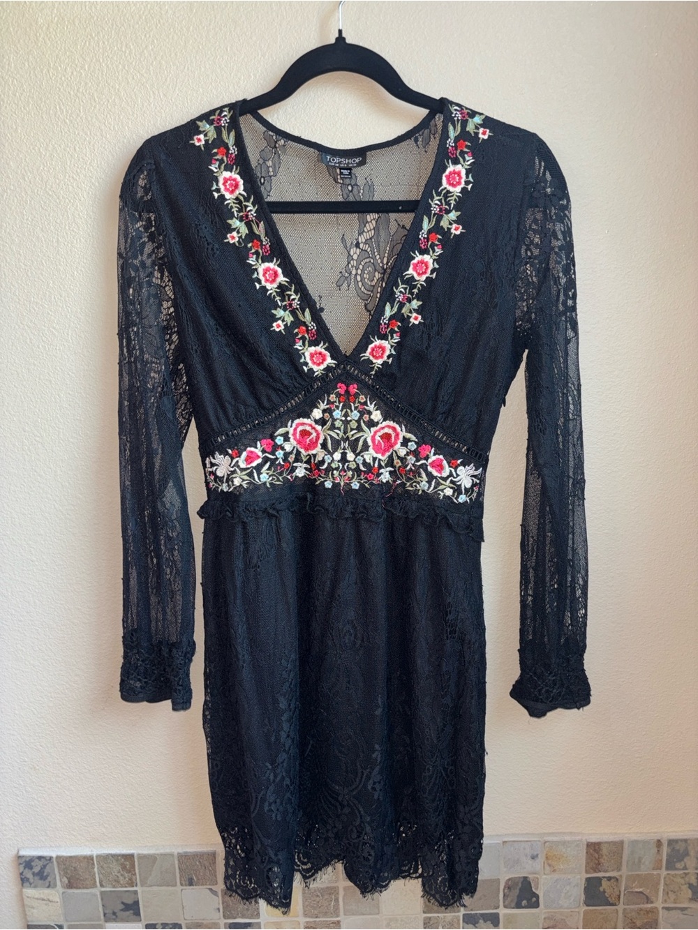 Topshop Black Lace Floral Embroidered Mini Dress US 6 Boho